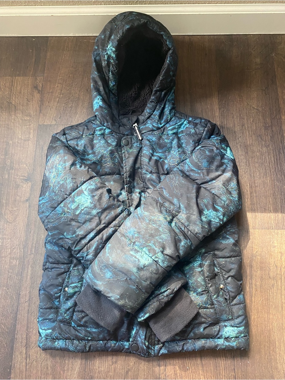Cat & Jack Black Hooded Puffer Jacket with Teal Marble Print